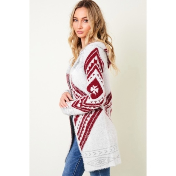 Wine Fuzzy Soft Knit Long Sleeve Aztec Tribal Native Western Cardigan Sweater - Picture 3 of 9
